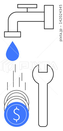 Water conservation, cost management, plumbing, resource management, sustainability, financial control. Faucet with droplet, coins and wrench. Water conservation and cost management concept 142024345