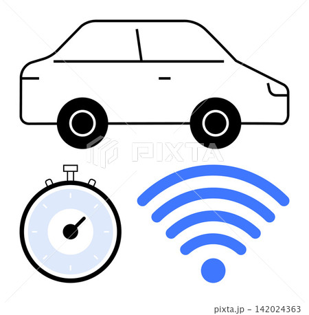 Autonomous vehicles, smart transportation, ride-sharing apps, time management, internet connectivity, mobility innovation. Minimalist car, stopwatch and wireless symbol. Smart transportation Autonomous vehicles, smart transportation, ride-sharing apps, time management, internet connectivity, mobility innovation. Minimalist car, stopwatch and wireless symbol. Smart transportation 142024363
