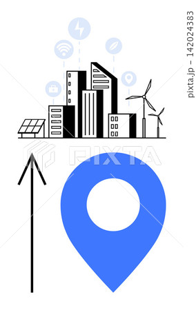 Smart cities, renewable energy, sustainability, technology integration, navigation, urban planning. Urban skyline with solar panels, wind turbines and a blue location pin. Smart cities and renewable Smart cities, renewable energy, sustainability, technology integration, navigation, urban planning. Urban skyline with solar panels, wind turbines and a blue location pin. Smart cities and renewable 142024383