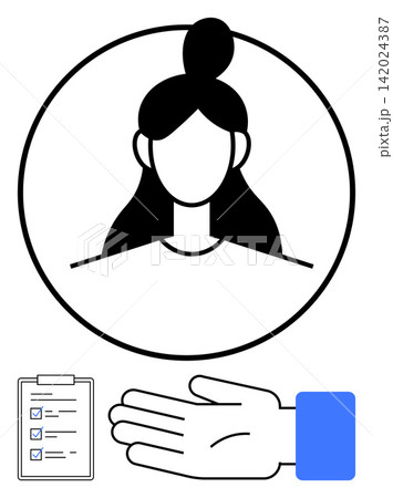 Trust, verification, identity, task management, consent, user interface design. A female profile in a circle, checklist and open hand gesture. Trust and verification concepts visually Trust, verification, identity, task management, consent, user interface design. A female profile in a circle, checklist and open hand gesture. Trust and verification concepts visually 142024387