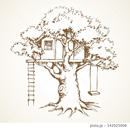 Wooden tree house. Vector drawing 142025006