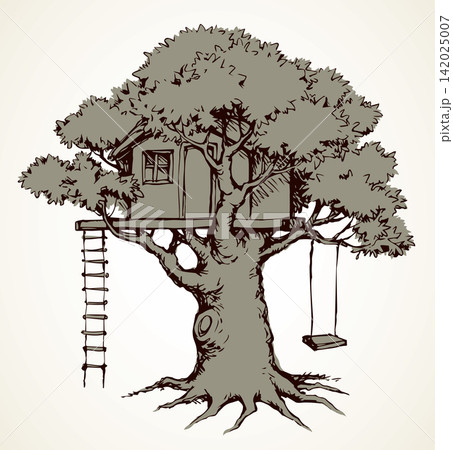 Wooden tree house. Vector drawing Wooden tree house. Vector drawing 142025007