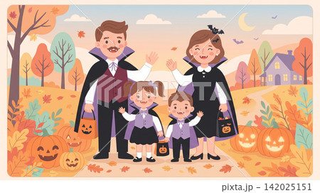 Illustration of family wearing vampire costumes on Halloween Illustration of family wearing vampire costumes on Halloween 142025151