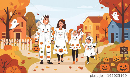 Illustration of family wearing vampire costumes on Halloween 142025169