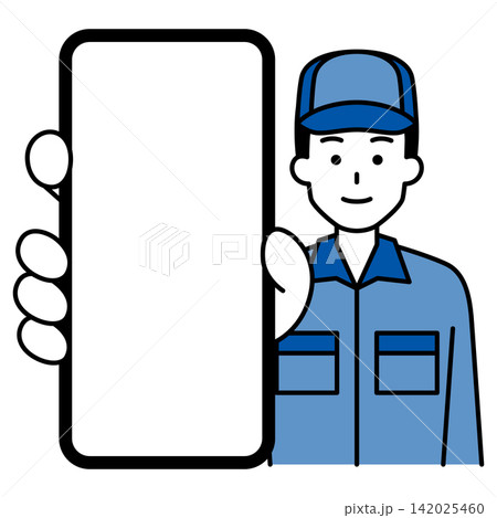 スマホの画面を大きく見せるつなぎ作業服の男性 スマホの画面を大きく見せるつなぎ作業服の男性 142025460