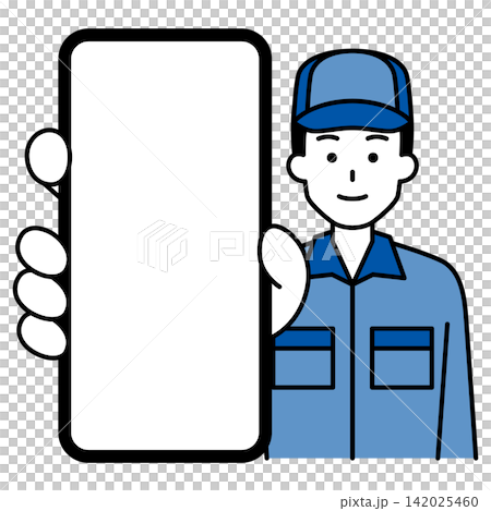 スマホの画面を大きく見せるつなぎ作業服の男性 スマホの画面を大きく見せるつなぎ作業服の男性 142025460