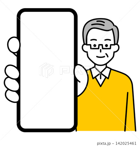 スマホの画面を大きく見せる年配の男性 スマホの画面を大きく見せる年配の男性 142025461