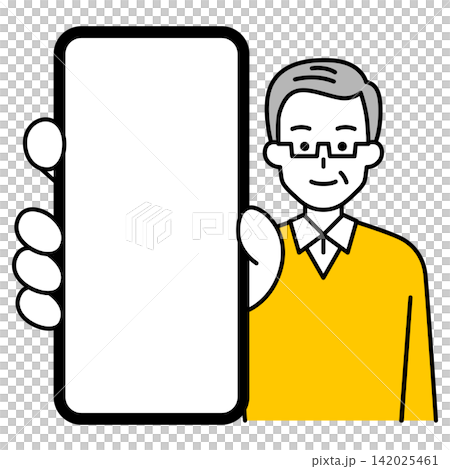 スマホの画面を大きく見せる年配の男性 スマホの画面を大きく見せる年配の男性 142025461