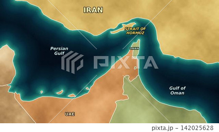 Map of the Strait of Hormuz, Persian Gulf and Gulf of Oman, Iran, UAE and Oman with country labels. Geopolitical map of the Middle East with the Strait of Hormuz. Map of the Strait of Hormuz, Persian Gulf and Gulf of Oman, Iran, UAE and Oman with country labels. Geopolitical map of the Middle East with the Strait of Hormuz. 142025628