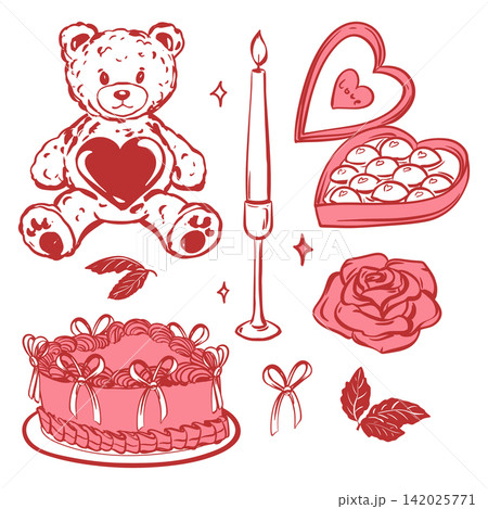 Valentine's Day gifts for your loved one. Vector set. Romantic candlelit evening. Teddy bear, chocolate, rose, and cake in the Coquette style. Ink line sketch. Valentine's Day gifts for your loved one. Vector set. Romantic candlelit evening. Teddy bear, chocolate, rose, and cake in the Coquette style. Ink line sketch. 142025771