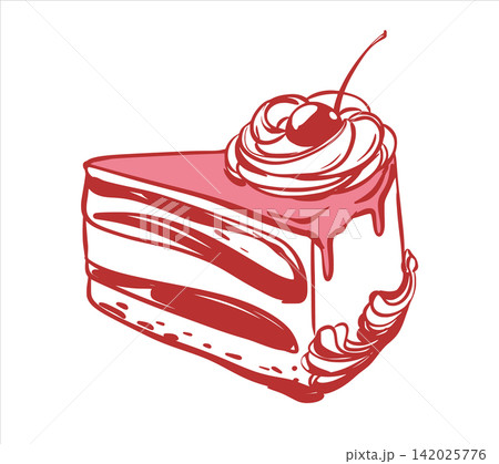 A slice of berry cake with cherries and whipped cream. A portion of sweet dessert with strawberry filling and a creamy swirls. Vector sketch of cheesecake. Coquette style. A treat for birthday party A slice of berry cake with cherries and whipped cream. A portion of sweet dessert with strawberry filling and a creamy swirls. Vector sketch of cheesecake. Coquette style. A treat for birthday party 142025776