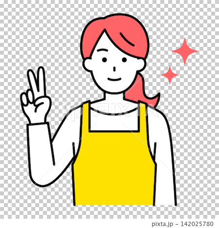 A woman in an apron making a peace sign. A woman in an apron making a peace sign. 142025780