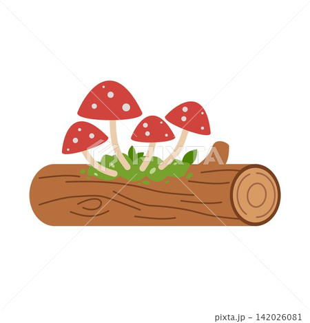 Minimalist Fallen Tree Log with Pink Mushrooms and Green Moss Patches Flat Graphic	 142026081