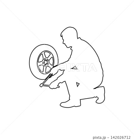 mechanic outline icon man changing car tire with tools illustration mechanic outline icon man changing car tire with tools illustration 142026712