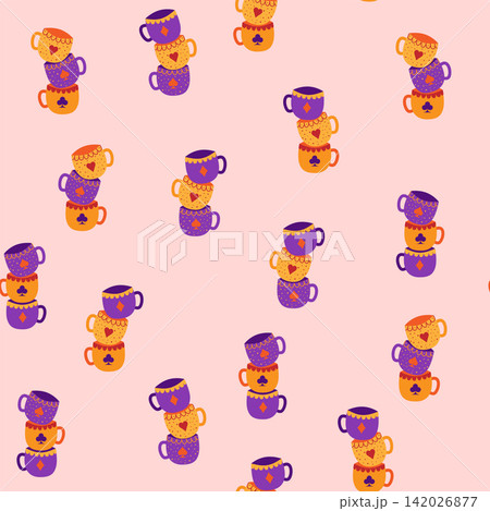 Tea time. Sets of cups with card suits seamless pattern. Alice in Wonderland Fairy Tale Tea time. Sets of cups with card suits seamless pattern. Alice in Wonderland Fairy Tale 142026877
