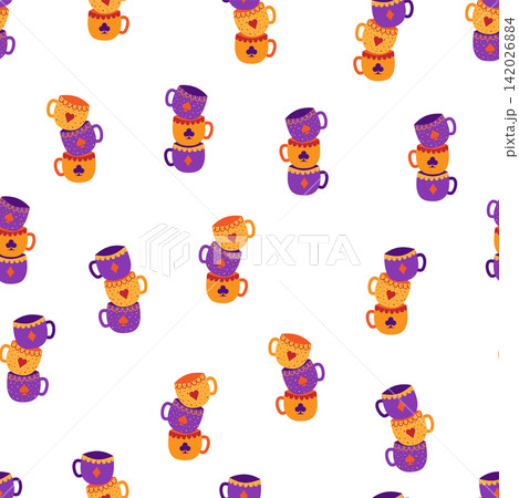 Tea time. Sets of cups with card suits seamless pattern. Alice in Wonderland Fairy Tale 142026884