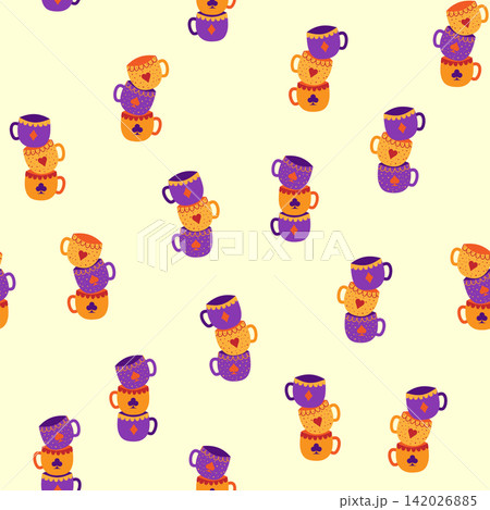 Tea time. Sets of cups with card suits seamless pattern. Alice in Wonderland Fairy Tale 142026885