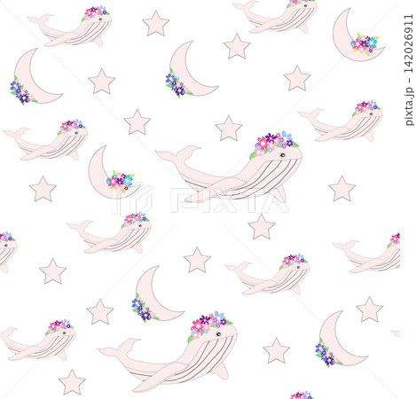 Children's print for newborns with sea animals. Animal in a wreath among the stars and crescent moon. Blue sea baby pattern Children's print for newborns with sea animals. Animal in a wreath among the stars and crescent moon. Blue sea baby pattern 142026911