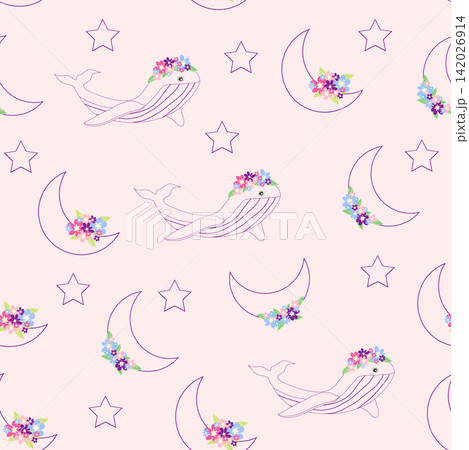 Children's print for newborns with sea animals. Animal in a wreath among the stars and crescent moon. Blue sea baby pattern Children's print for newborns with sea animals. Animal in a wreath among the stars and crescent moon. Blue sea baby pattern 142026914