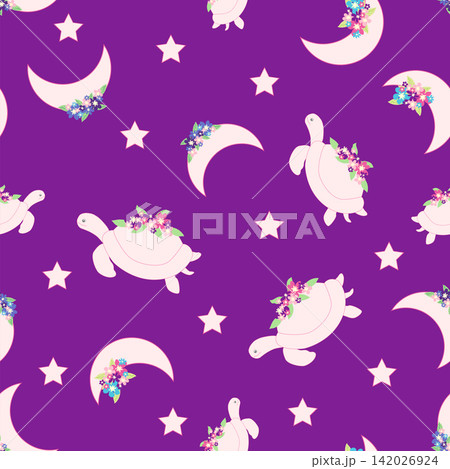 Children's print for newborns with sea animals. Animal in a wreath among the stars and crescent moon. Blue sea baby pattern Children's print for newborns with sea animals. Animal in a wreath among the stars and crescent moon. Blue sea baby pattern 142026924
