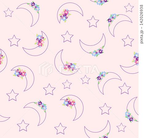 Children's print for newborns with sea animals. Animal in a wreath among the stars and crescent moon. Blue sea baby pattern Children's print for newborns with sea animals. Animal in a wreath among the stars and crescent moon. Blue sea baby pattern 142026938