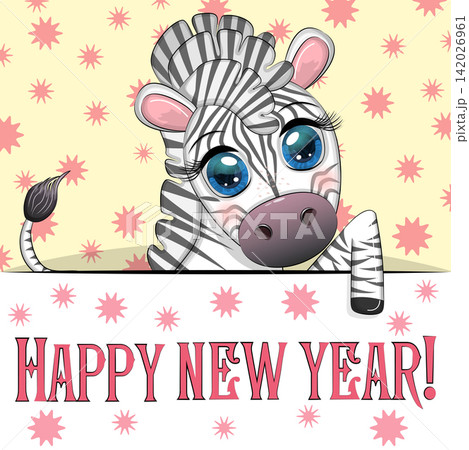 New Year s card with cute animal and inscription. Cartoon style, big eyes zebra New Year s card with cute animal and inscription. Cartoon style, big eyes zebra 142026961