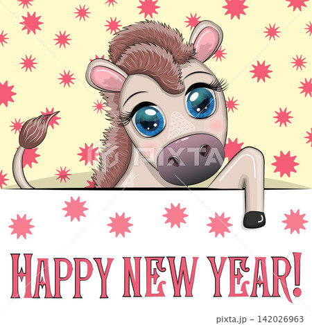 New Year s card with cute animal and inscription. Cartoon style, big eyes horse New Year s card with cute animal and inscription. Cartoon style, big eyes horse 142026963