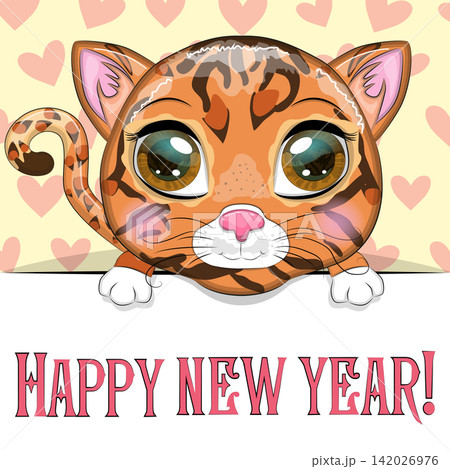 New Year s card with cute animal and inscription. Cartoon style, big eyes cute cat 142026976