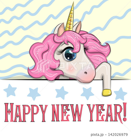 New Year s card with cute animal and inscription. Cartoon style, big eyes unicorn New Year s card with cute animal and inscription. Cartoon style, big eyes unicorn 142026979