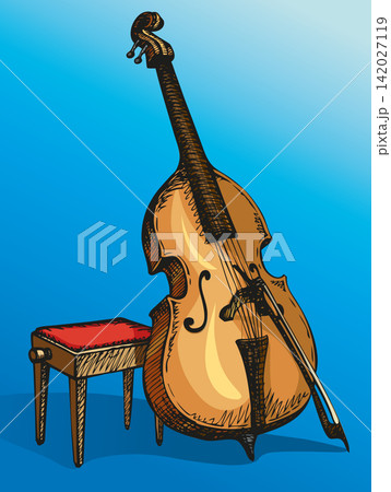 Vector Double Bass with a bow and stool for musician Vector Double Bass with a bow and stool for musician 142027119