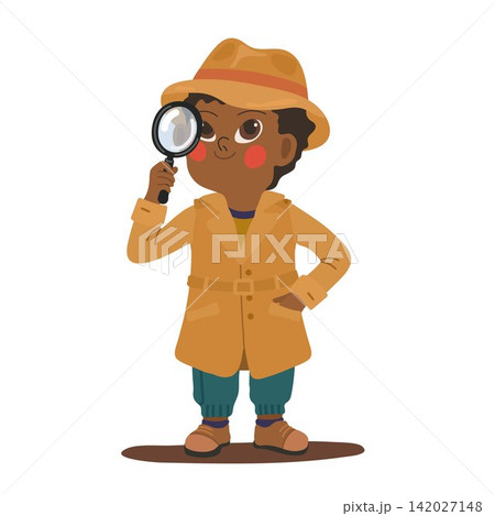 Child detective with magnifying glass and brown coat vector character isolated on white 142027148