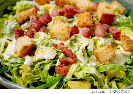 Brussels sprouts Caesar salad, with bacon and croutons, healthy food, homemade, no people, Brussels sprouts Caesar salad, with bacon and croutons, healthy food, homemade, no people, 142027166