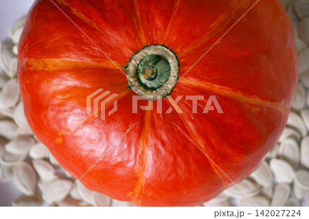 Top view of whole orange pumpkin placed on dried pumpkin seeds 142027224