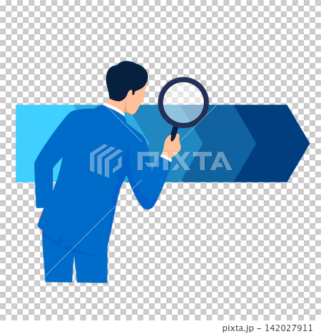 An illustration of a businessman examining and analyzing a business process with a magnifying glass. An illustration of a businessman examining and analyzing a business process with a magnifying glass. 142027911