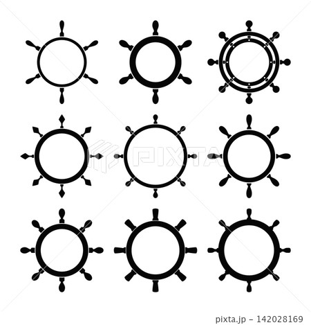 Ship Wheel Frame Set, Vector Illustration. Nine Nautical Helm Borders and Circular Marine Frames for Logo, Badge, Monogram, Label, Yacht Club, Sailing, Maritime Branding and Coastal Emblem 142028169