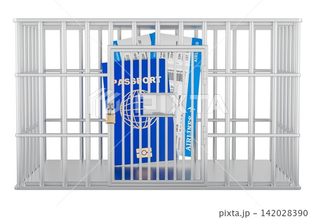 Passport and airline tickets locked in jail cell, travel restriction concept. 3D rendering 142028390