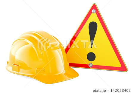 Construction hard hat with warning sign, workplace safety and hazard alert concept. 3D rendering 142028402