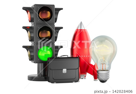 Green traffic light with rocket, briefcase and bulb, project launch concept. 3D rendering Green traffic light with rocket, briefcase and bulb, project launch concept. 3D rendering 142028406