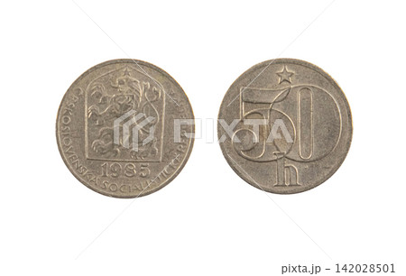 View of both sides of a haleru coin from the Czechoslovak Socialist Republic dated 1985 on a white background View of both sides of a haleru coin from the Czechoslovak Socialist Republic dated 1985 on a white background 142028501