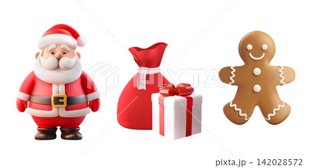 Santa Claus, gift box winter bag and gingerbread. Christmas sticker 3D. Cool toy grandfather character, ginger cookie man. Smile facial beard, realistic merry xmas holiday vector emoji. Noel sale png 142028572
