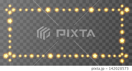 Light garland rectangular frame. Fairy star straight string, shiny decor border. Vector transparent bulb festoon, holiday party invitation. Christmas golden glitter chain, festive ramadan led pattern 142028573