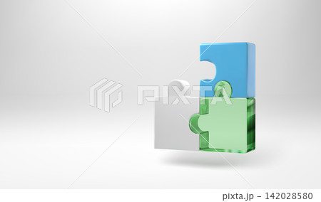 Missing part 3D isometric icon. Blue white and green glass puzzle piece connected. Jigsaw toy for partner search concept. Constructor game fragment realistic render, assemble logic and mission plan Missing part 3D isometric icon. Blue white and green glass puzzle piece connected. Jigsaw toy for partner search concept. Constructor game fragment realistic render, assemble logic and mission plan 142028580