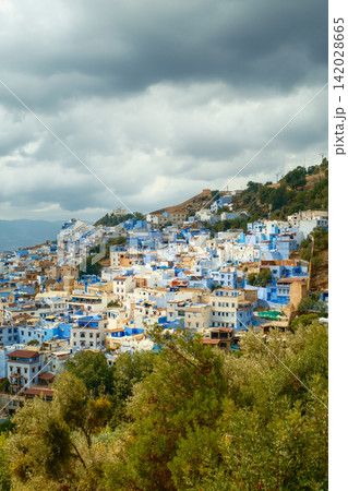 Blue hillside city under cloudy sky 142028665