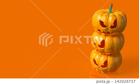 Stacked Scary Halloween Pumpkins on Bright Orange Background 3d render. Stacked Scary Halloween Pumpkins on Bright Orange Background 3d render. 142028737