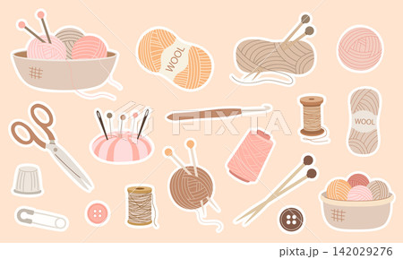 Knitting and sewing equipment wool yarn ball sticker element set. 142029276
