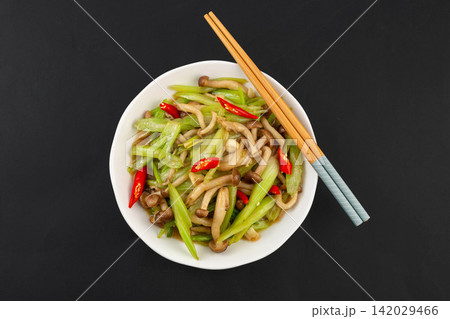 stir Fried Celery with Crab Mushroom Chinese Vegetable Dish 142029466