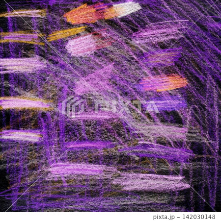 Abstract Background Featuring Purple and Pink Crayon Scribbles on a Rough Textured Dark Surface 142030148