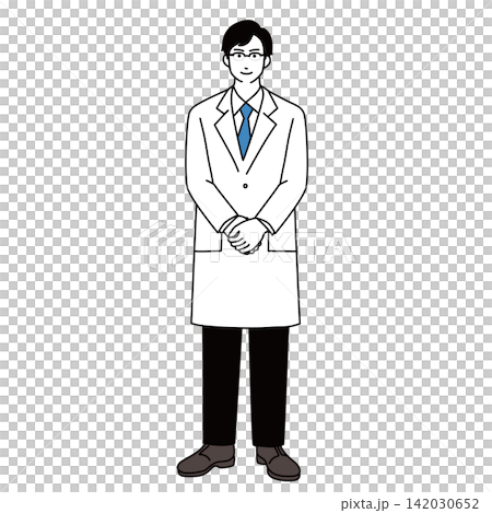 An illustration of a male doctor in a white coat standing with his hands clasped. An illustration of a male doctor in a white coat standing with his hands clasped. 142030652