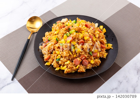 hot Dog Fried Rice with Vegetables Asian Food Dish hot Dog Fried Rice with Vegetables Asian Food Dish 142030789