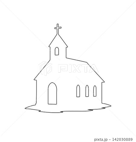 outline of a small church building with steeple and cross isolated on white background outline of a small church building with steeple and cross isolated on white background 142030889